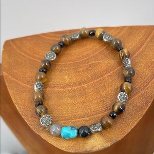 2.7.26-21 Tigers Eye + Turquoise & Silvertone Beaded Bracelet